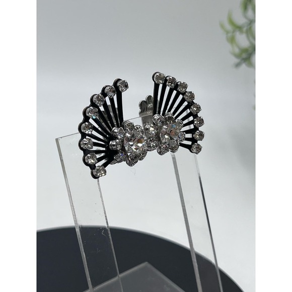 Coro Vintage Signed Rhinestone Clip-On Fan Silver Tone Black Crystal Earrings - Picture 2 of 16